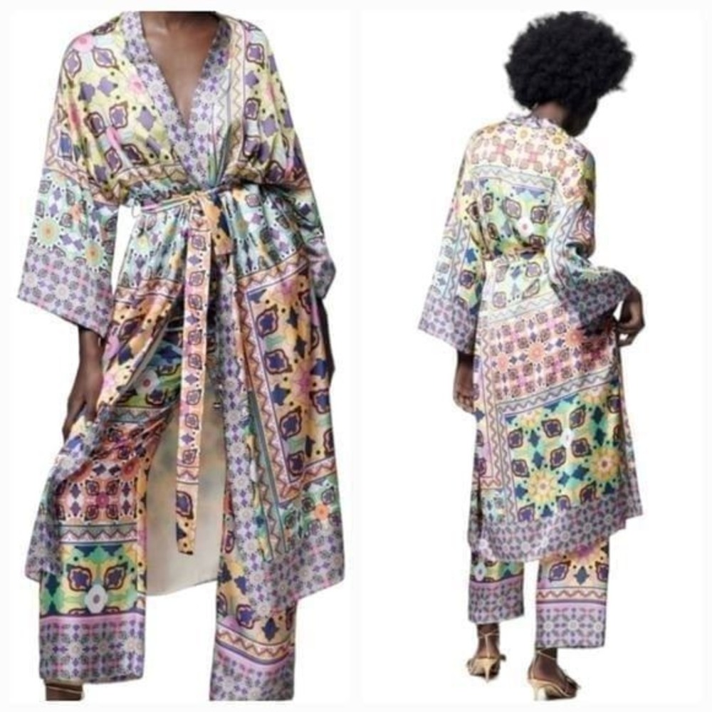ZARA Printed Belted Long‎ Line Open Front Kimono Robe Sz XS NEW!